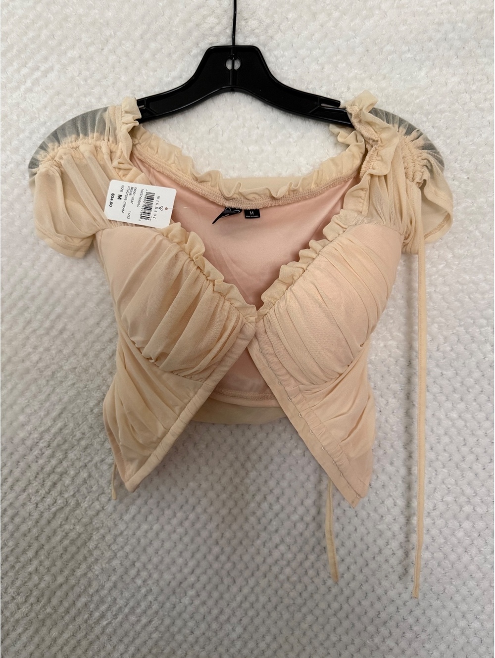 Windsor Sheer Puff Sleeve Crop Top in Beige, Size M